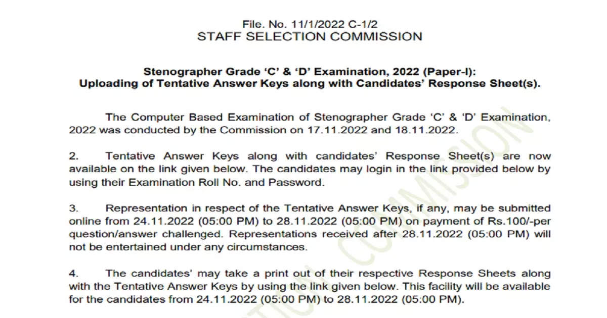 SSC Stenographer Answer Key 2022: Answer key of Stenographer recruitment exam released, download from here – ssc stenographer answer key 2022 for paper i released at ssc.nic.in check direct link